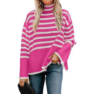 imageZESICA Womens Winter Sweaters Casual Turtleneck Long Sleeve Striped Side Slit Loose Pullover Sweater Jumper TopsRose
