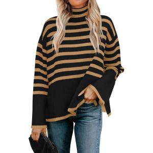 imageZESICA Womens Winter Sweaters Casual Turtleneck Long Sleeve Striped Side Slit Loose Pullover Sweater Jumper TopsTaupe