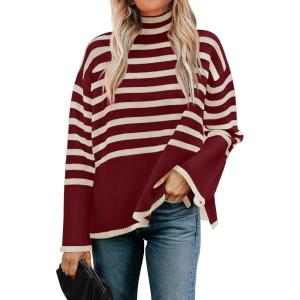 imageZESICA Womens Winter Sweaters Casual Turtleneck Long Sleeve Striped Side Slit Loose Pullover Sweater Jumper TopsWine
