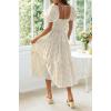 imageZESICA Womens 2025 Bohemian Summer Plaid Square Neck Puff Sleeve Ruffle Flowy Beach Midi DressBeige
