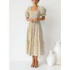 imageZESICA Womens 2025 Bohemian Summer Plaid Square Neck Puff Sleeve Ruffle Flowy Beach Midi DressBeige