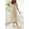 imageZESICA Womens 2025 Bohemian Summer Plaid Square Neck Puff Sleeve Ruffle Flowy Beach Midi DressBeige