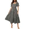 imageZESICA Womens 2025 Bohemian Summer Plaid Square Neck Puff Sleeve Ruffle Flowy Beach Midi DressBlack