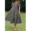 imageZESICA Womens 2025 Bohemian Summer Plaid Square Neck Puff Sleeve Ruffle Flowy Beach Midi DressBlack