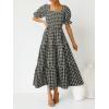 imageZESICA Womens 2025 Bohemian Summer Plaid Square Neck Puff Sleeve Ruffle Flowy Beach Midi DressBlack
