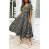 imageZESICA Womens 2025 Bohemian Summer Plaid Square Neck Puff Sleeve Ruffle Flowy Beach Midi DressBlack