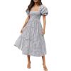 imageZESICA Womens 2025 Bohemian Summer Plaid Square Neck Puff Sleeve Ruffle Flowy Beach Midi DressGrey