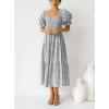 imageZESICA Womens 2025 Bohemian Summer Plaid Square Neck Puff Sleeve Ruffle Flowy Beach Midi DressGrey