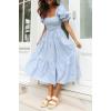 imageZESICA Womens 2025 Bohemian Summer Plaid Square Neck Puff Sleeve Ruffle Flowy Beach Midi DressLightblue