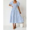 imageZESICA Womens 2025 Bohemian Summer Plaid Square Neck Puff Sleeve Ruffle Flowy Beach Midi DressLightblue