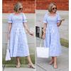imageZESICA Womens 2025 Bohemian Summer Plaid Square Neck Puff Sleeve Ruffle Flowy Beach Midi DressLightblue