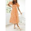 imageZESICA Womens 2025 Bohemian Summer Plaid Square Neck Puff Sleeve Ruffle Flowy Beach Midi DressOrange
