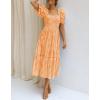 imageZESICA Womens 2025 Bohemian Summer Plaid Square Neck Puff Sleeve Ruffle Flowy Beach Midi DressOrange