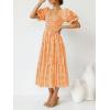 imageZESICA Womens 2025 Bohemian Summer Plaid Square Neck Puff Sleeve Ruffle Flowy Beach Midi DressOrange