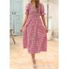 imageZESICA Womens 2025 Bohemian Summer Plaid Square Neck Puff Sleeve Ruffle Flowy Beach Midi DressRed
