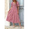 imageZESICA Womens 2025 Bohemian Summer Plaid Square Neck Puff Sleeve Ruffle Flowy Beach Midi DressRed