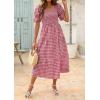 imageZESICA Womens 2025 Bohemian Summer Plaid Square Neck Puff Sleeve Ruffle Flowy Beach Midi DressRed