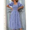 imageZESICA Womens 2025 Bohemian Summer Plaid Square Neck Puff Sleeve Ruffle Flowy Beach Midi DressRoyalblue