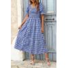 imageZESICA Womens 2025 Bohemian Summer Plaid Square Neck Puff Sleeve Ruffle Flowy Beach Midi DressRoyalblue