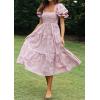 imageZESICA Womens 2025 Bohemian Summer Plaid Square Neck Puff Sleeve Ruffle Flowy Beach Midi DressTaro