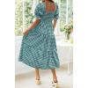 imageZESICA Womens 2025 Bohemian Summer Plaid Square Neck Puff Sleeve Ruffle Flowy Beach Midi DressTeal