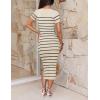 imageZESICA Womens 2025 Summer Bodycon Midi Dress Striped Short Sleeve Ribbed Knit Slim Fit Side Slit Vacation Long DressesApricot