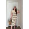 imageZESICA Womens 2025 Summer Bodycon Midi Dress Striped Short Sleeve Ribbed Knit Slim Fit Side Slit Vacation Long DressesApricot