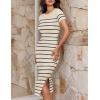 imageZESICA Womens 2025 Summer Bodycon Midi Dress Striped Short Sleeve Ribbed Knit Slim Fit Side Slit Vacation Long DressesApricot