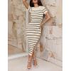 imageZESICA Womens 2025 Summer Bodycon Midi Dress Striped Short Sleeve Ribbed Knit Slim Fit Side Slit Vacation Long DressesApricot