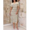 imageZESICA Womens 2025 Summer Bodycon Midi Dress Striped Short Sleeve Ribbed Knit Slim Fit Side Slit Vacation Long DressesApricot