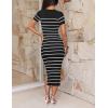 imageZESICA Womens 2025 Summer Bodycon Midi Dress Striped Short Sleeve Ribbed Knit Slim Fit Side Slit Vacation Long DressesBlack