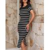 imageZESICA Womens 2025 Summer Bodycon Midi Dress Striped Short Sleeve Ribbed Knit Slim Fit Side Slit Vacation Long DressesBlack