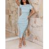 imageZESICA Womens 2025 Summer Bodycon Midi Dress Striped Short Sleeve Ribbed Knit Slim Fit Side Slit Vacation Long DressesLight Blue