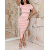 imageZESICA Womens 2025 Summer Bodycon Midi Dress Striped Short Sleeve Ribbed Knit Slim Fit Side Slit Vacation Long DressesPink