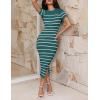imageZESICA Womens 2025 Summer Bodycon Midi Dress Striped Short Sleeve Ribbed Knit Slim Fit Side Slit Vacation Long DressesTeal