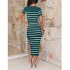 imageZESICA Womens 2025 Summer Bodycon Midi Dress Striped Short Sleeve Ribbed Knit Slim Fit Side Slit Vacation Long DressesTeal