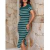 imageZESICA Womens 2025 Summer Bodycon Midi Dress Striped Short Sleeve Ribbed Knit Slim Fit Side Slit Vacation Long DressesTeal