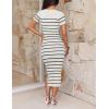 imageZESICA Womens 2025 Summer Bodycon Midi Dress Striped Short Sleeve Ribbed Knit Slim Fit Side Slit Vacation Long DressesWhite