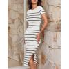 imageZESICA Womens 2025 Summer Bodycon Midi Dress Striped Short Sleeve Ribbed Knit Slim Fit Side Slit Vacation Long DressesWhite