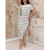 imageZESICA Womens 2025 Summer Bodycon Midi Dress Striped Short Sleeve Ribbed Knit Slim Fit Side Slit Vacation Long DressesWhite