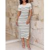 imageZESICA Womens 2025 Summer Bodycon Midi Dress Striped Short Sleeve Ribbed Knit Slim Fit Side Slit Vacation Long DressesWhite