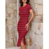 imageZESICA Womens 2025 Summer Bodycon Midi Dress Striped Short Sleeve Ribbed Knit Slim Fit Side Slit Vacation Long DressesWine
