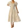 imageZESICA Womens 2025 Bohemian Summer Plaid Square Neck Puff Sleeve Ruffle Flowy Beach Midi DressBeige