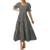 imageZESICA Womens 2025 Bohemian Summer Plaid Square Neck Puff Sleeve Ruffle Flowy Beach Midi DressBlack