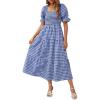 imageZESICA Womens 2025 Bohemian Summer Plaid Square Neck Puff Sleeve Ruffle Flowy Beach Midi DressRoyalblue