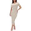imageZESICA Womens 2025 Summer Bodycon Midi Dress Striped Short Sleeve Ribbed Knit Slim Fit Side Slit Vacation Long DressesApricot