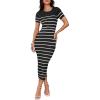 imageZESICA Womens 2025 Summer Bodycon Midi Dress Striped Short Sleeve Ribbed Knit Slim Fit Side Slit Vacation Long DressesBlack