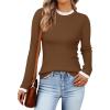 imageZESICA Womens Long Sleeve Ruffle Sweaters Spring Crewneck Color Block Slim Fit Basic Casual Knit Pullover Sweater TopsBrown