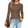 imageZESICA Womens Long Sleeve Ruffle Sweaters Spring Crewneck Color Block Slim Fit Basic Casual Knit Pullover Sweater TopsCamel