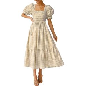 imageZESICA Womens 2025 Bohemian Summer Plaid Square Neck Puff Sleeve Ruffle Flowy Beach Midi DressBeige
